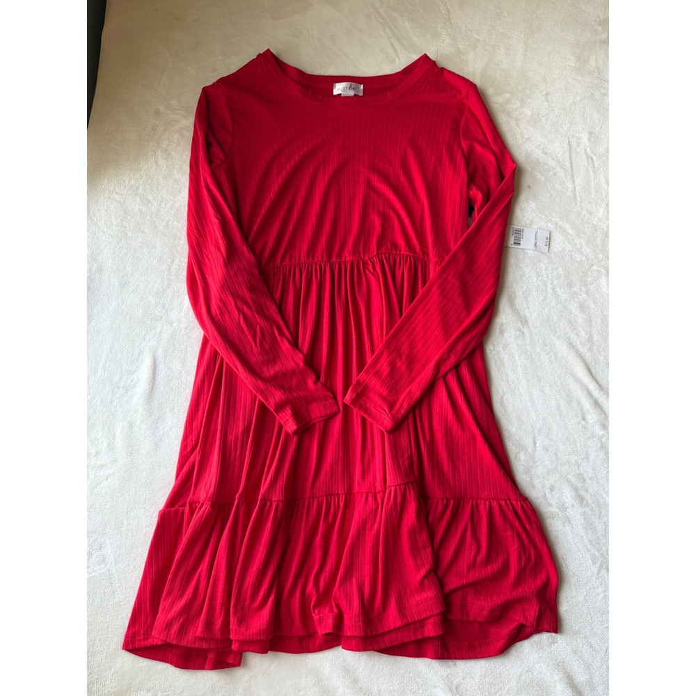 Just Be Red Ribbed Long Sleeve Tiered Babydoll Dress with Pockets Plus Size 1X